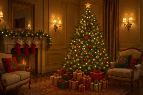 albero di natale in salotto arredato con stile natalizio