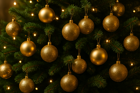 crea un albero di natale con sopra palline oro classiche e oro glitterato