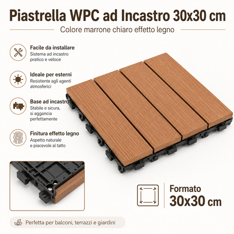 Piastrella WPC ad Incastro 30x30 cm Marrone Chiaro – Mattonella da Esterno Effetto Legno per Balconi, Terrazzi e Giardini