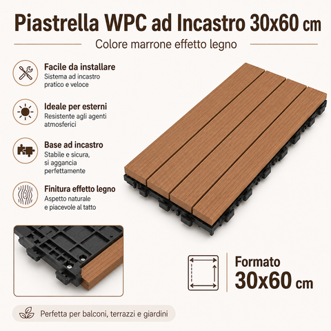 Piastrella WPC ad Incastro 30x60 cm Marrone Chiaro – Mattonella da Esterno Effetto Legno per Balconi, Terrazzi e Giardini (Copia)