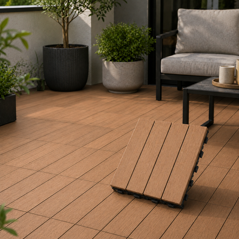 Piastrella WPC ad Incastro 30x30 cm Marrone Chiaro – Mattonella da Esterno Effetto Legno per Balconi, Terrazzi e Giardini