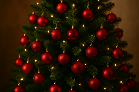 crea un albero di natale con le palline rosse e rosso glitterato