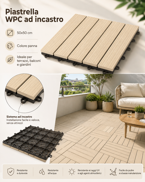 Piastrella WPC ad Incastro 50x50 cm Color Panna – Mattonella per Esterno Effetto Legno, Pavimento da Giardino, Terrazzo e Balcone
